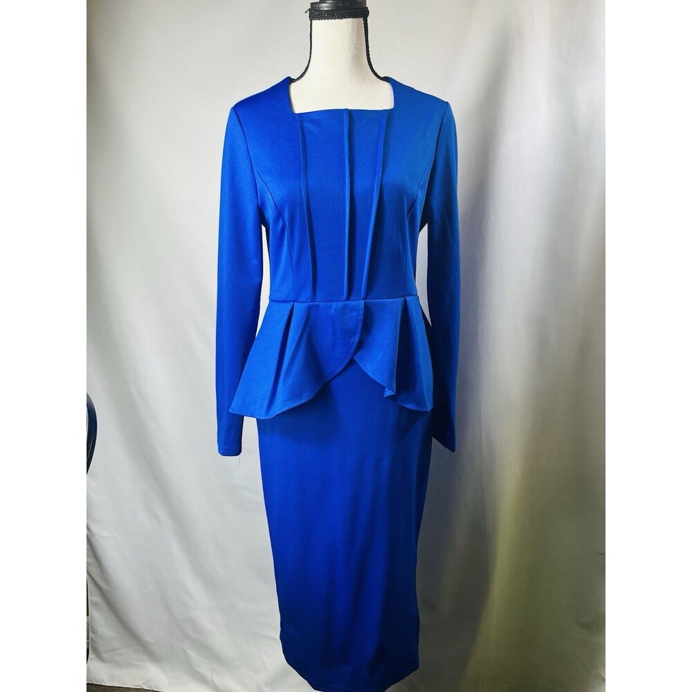 Metamorphosis Girl Blue Peplum Midi Dress Size S Long Sleeve Bodycon